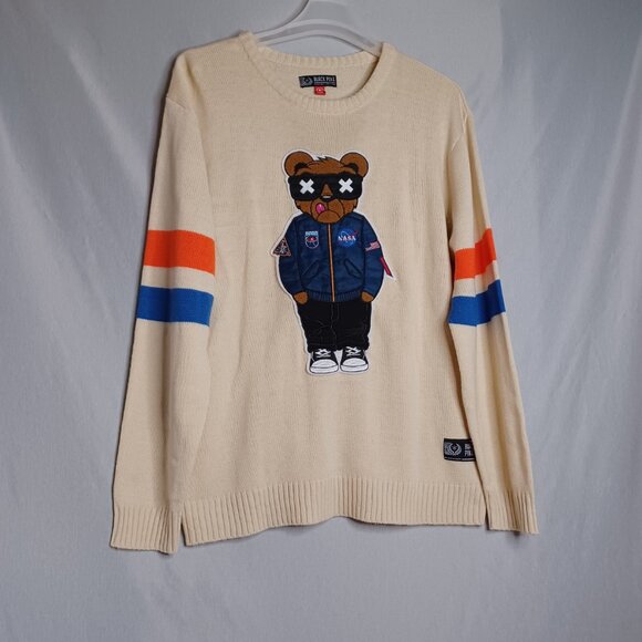 Black Pike Nasa Bear Sweater Mens XL Beige Knit Long Sleeve Blokecore Striped - Picture 3 of 9